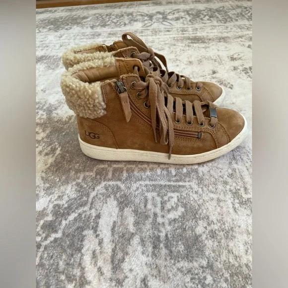 UGG Olive Sneakers in Brown Shearling Trim with Side Zip Size 6.5 - Picture 7 of 14